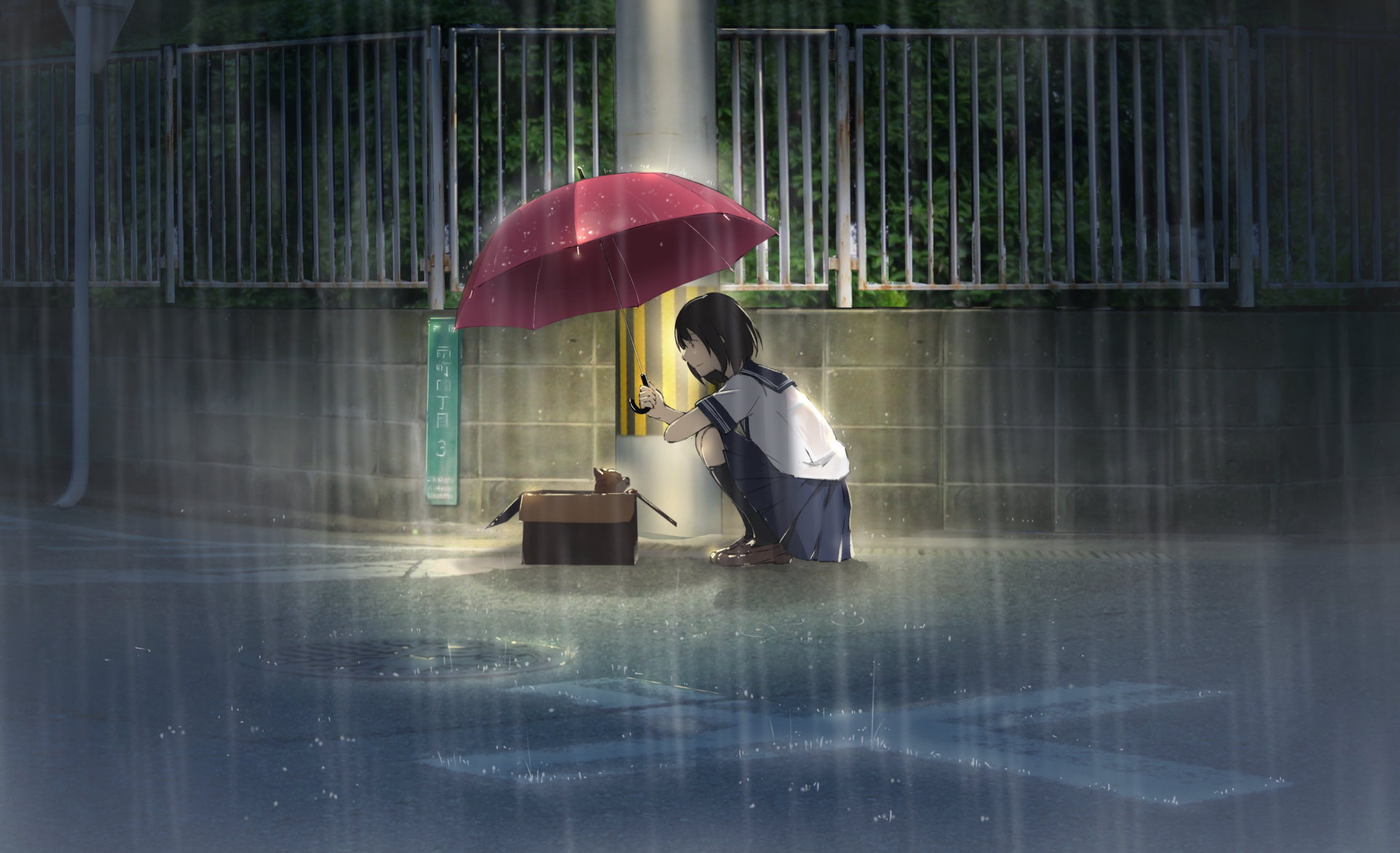 Anime-style night scene of a girl sheltering under a red umbrella in the rain, illuminated by a soft streetlight, creating a serene HD PC desktop wallpaper background.