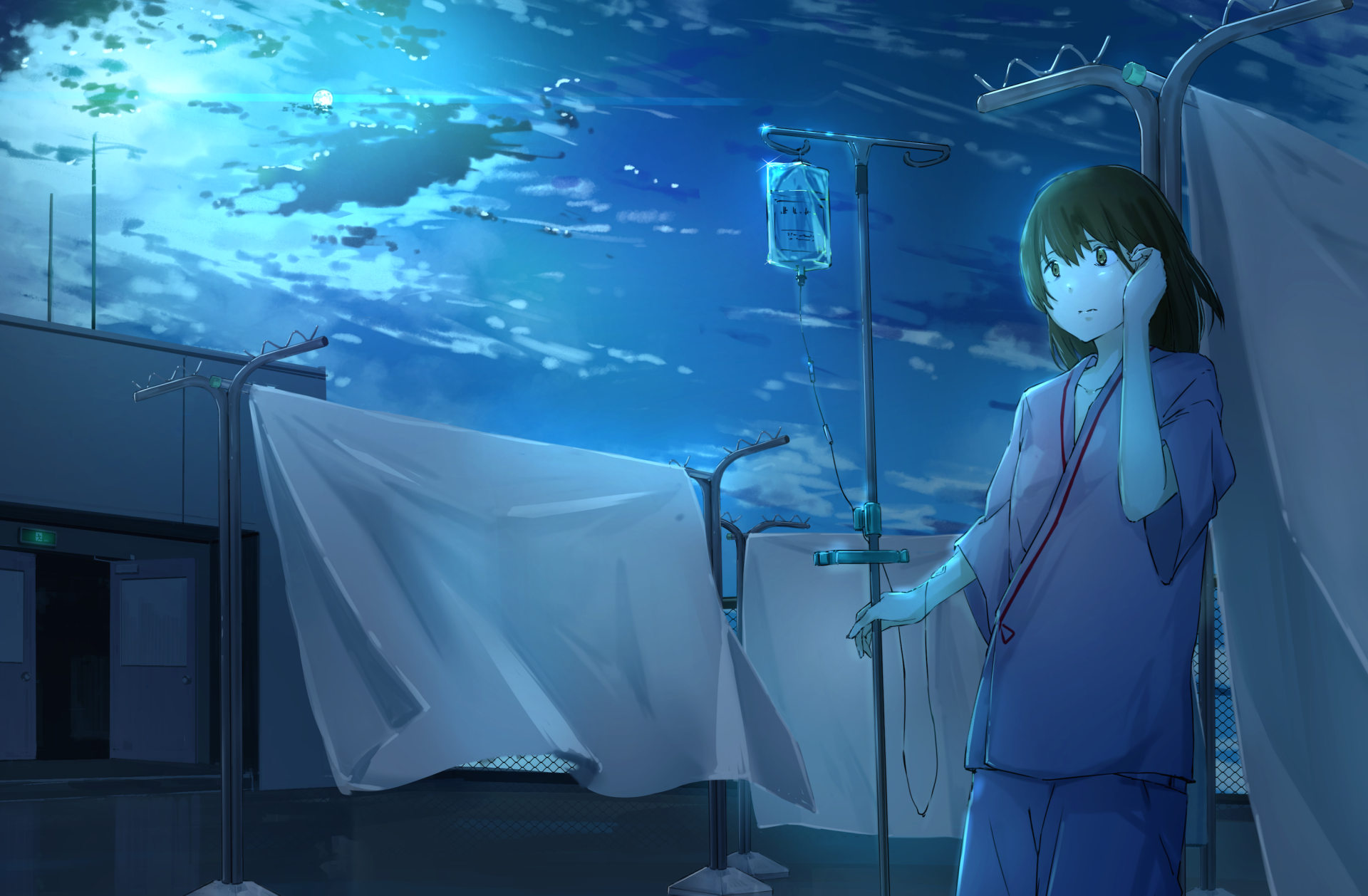 Anime original 2K Quad HD PC wallpaper: nighttime hospital infirmary with a lone nurse in scrubs holding an IV pole beneath a glowing, starry sky.