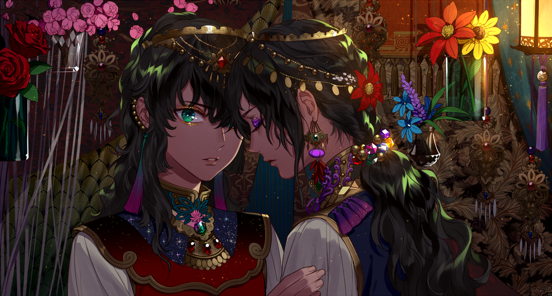 HD PC desktop wallpaper of two ornate anime girls with dark braided hair, floral headdresses and jeweled clothing; one stares with green eyes while the other leans in.