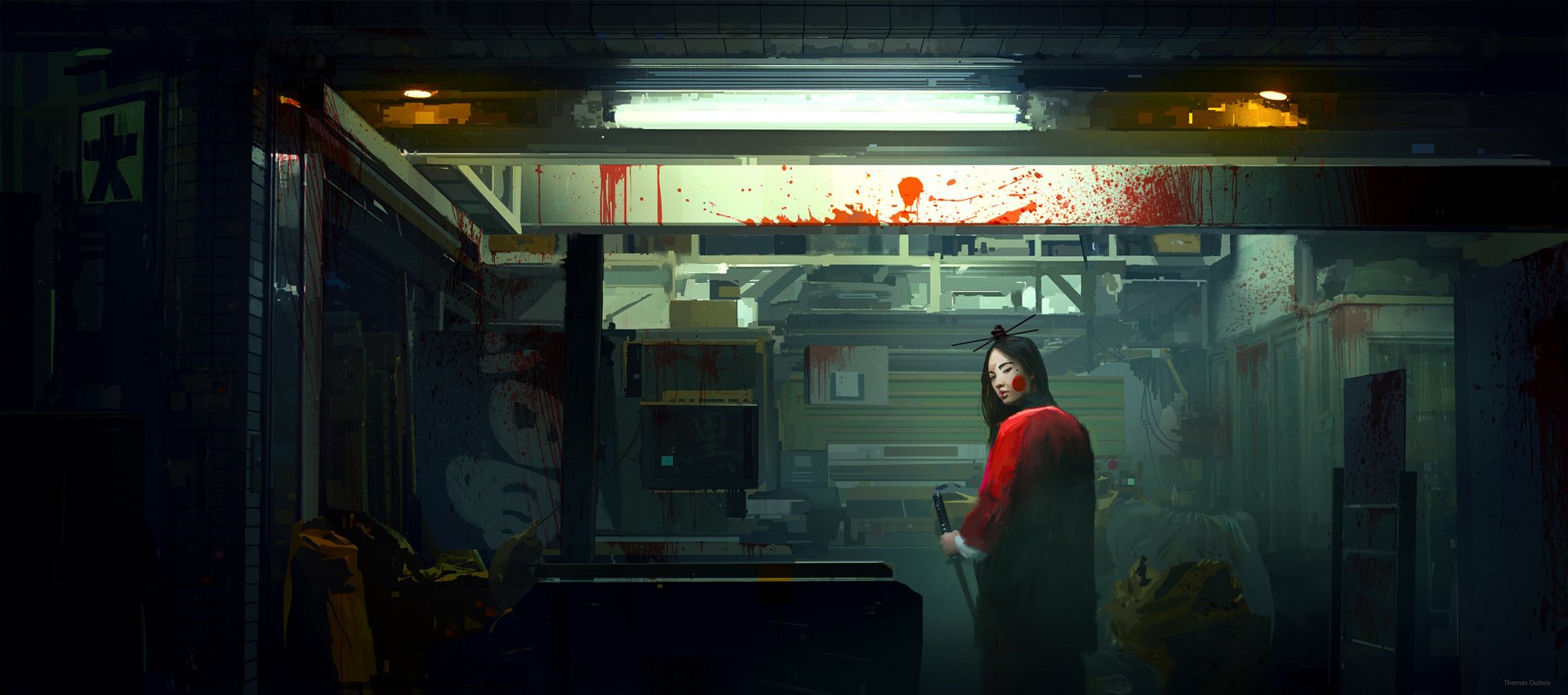 Anime original HD PC desktop wallpaper: lone woman in red coat stands in a dim, blood-splattered industrial corridor, cinematic lighting and a tense, moody atmosphere.