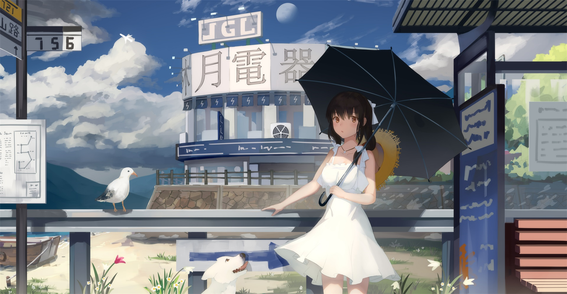 HD anime desktop wallpaper featuring a girl in a white dress holding a black umbrella by a seaside bus stop with a dog and seagull under a partly cloudy sky.