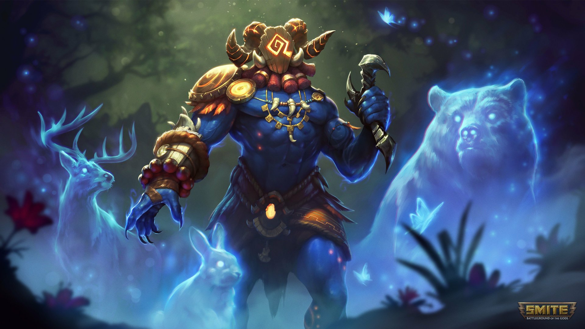 4K Ultra HD desktop wallpaper featuring Cernunnos from the video game Smite, surrounded by glowing blue spirit animals in a mystical forest setting.