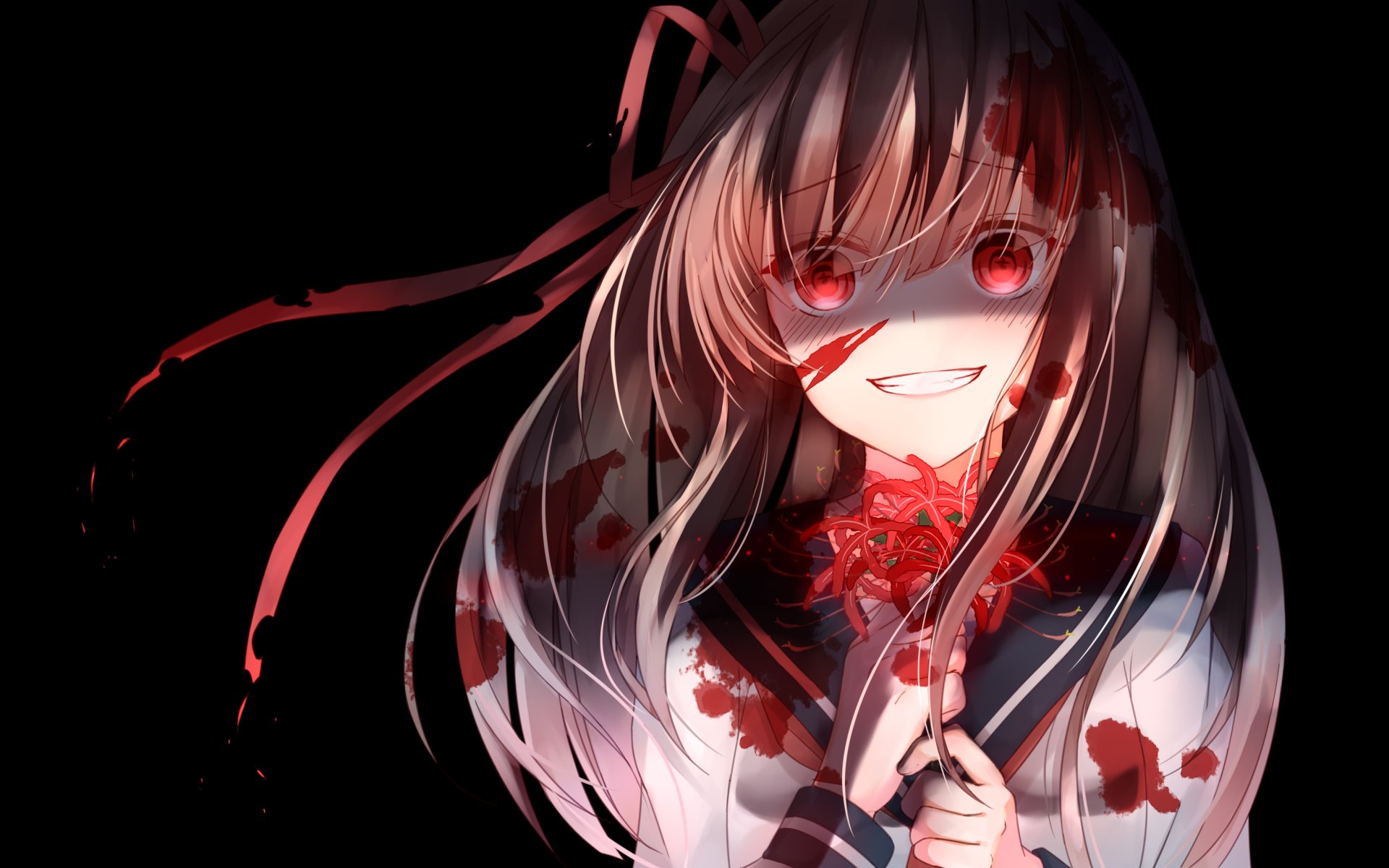 HD anime wallpaper of a girl with long hair and red eyes, smiling eerily with blood splatters on her face and clothes against a dark background.