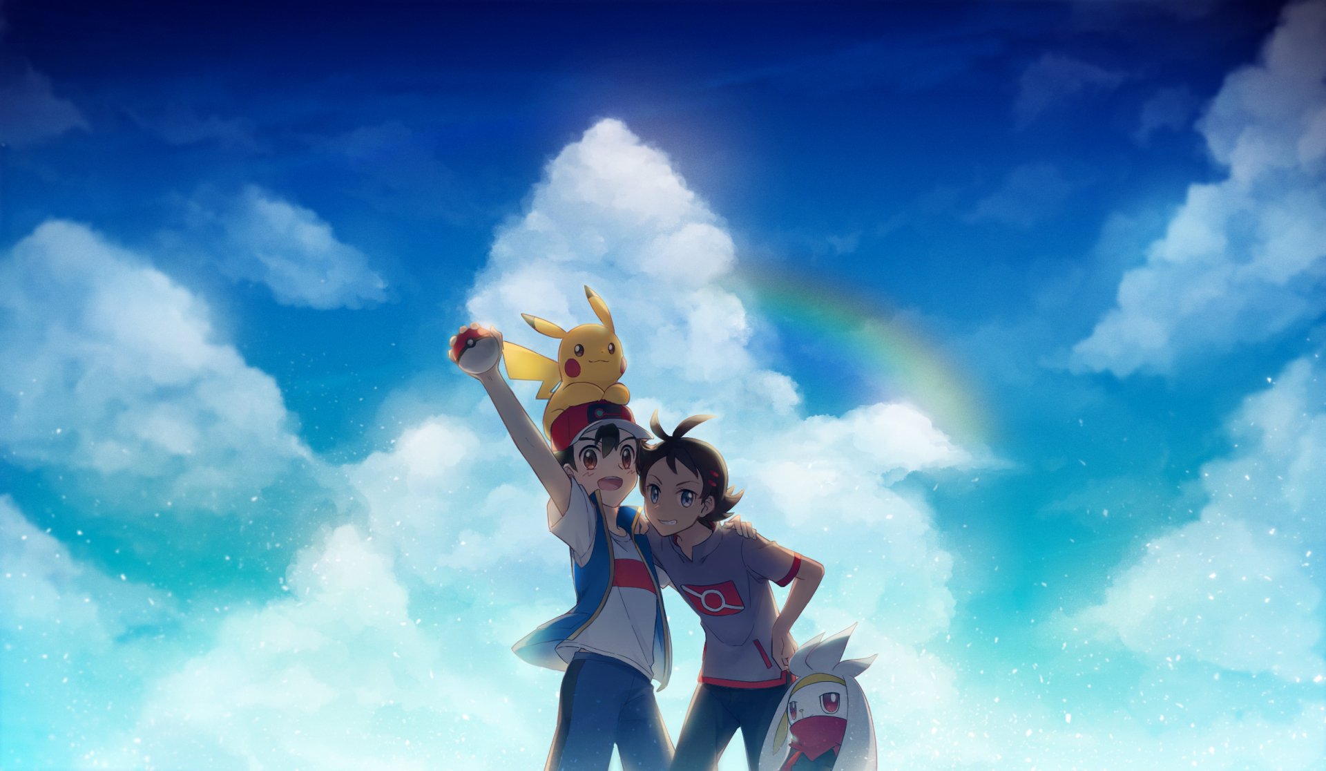 Anime-style HD desktop wallpaper featuring Ash Ketchum and Goh with black hair and brown and blue eyes, holding a Pokéball, alongside Pikachu and Raboot under a vibrant sky with a rainbow.