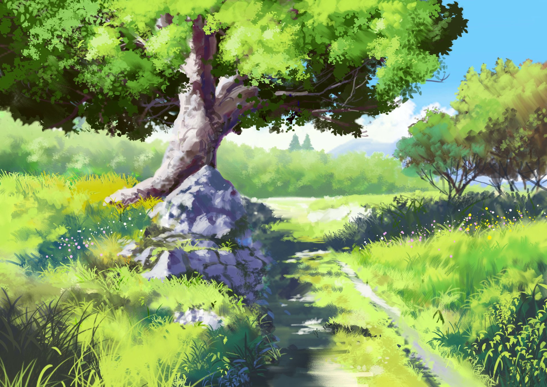Bright anime-style summer landscape with lush green trees, vibrant grass, and a winding path, rendered in 4K Ultra HD for PC desktop background.