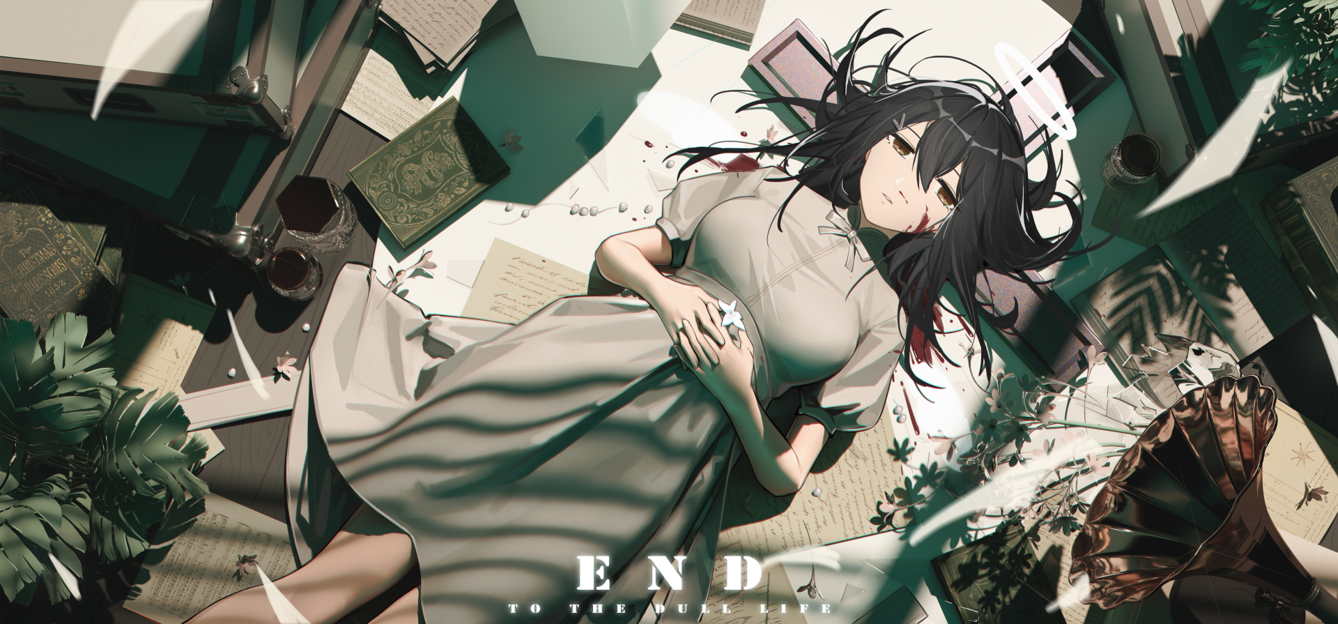 Anime girl with black hair lies down in a flowing dress surrounded by scattered papers and books, captured in an HD PC desktop wallpaper background.