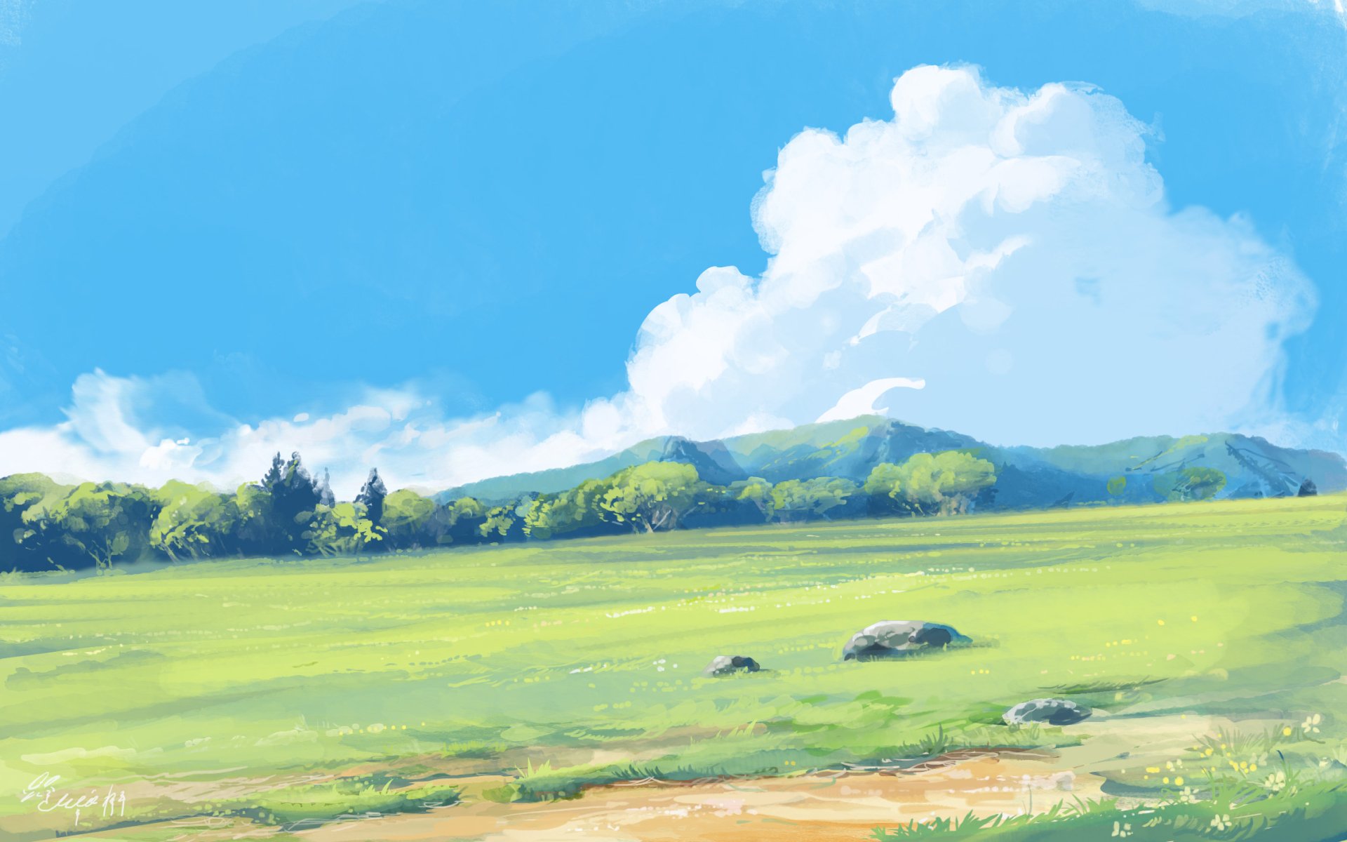 HD anime landscape wallpaper featuring a bright blue sky with fluffy clouds above a vast green field and distant tree-covered hills.