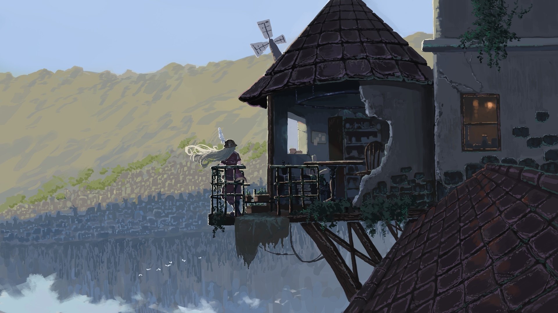 HD PC desktop wallpaper featuring an anime scene from Made in Abyss, showcasing a character playing a trumpet on a balcony overlooking a vast, misty landscape with mountains.