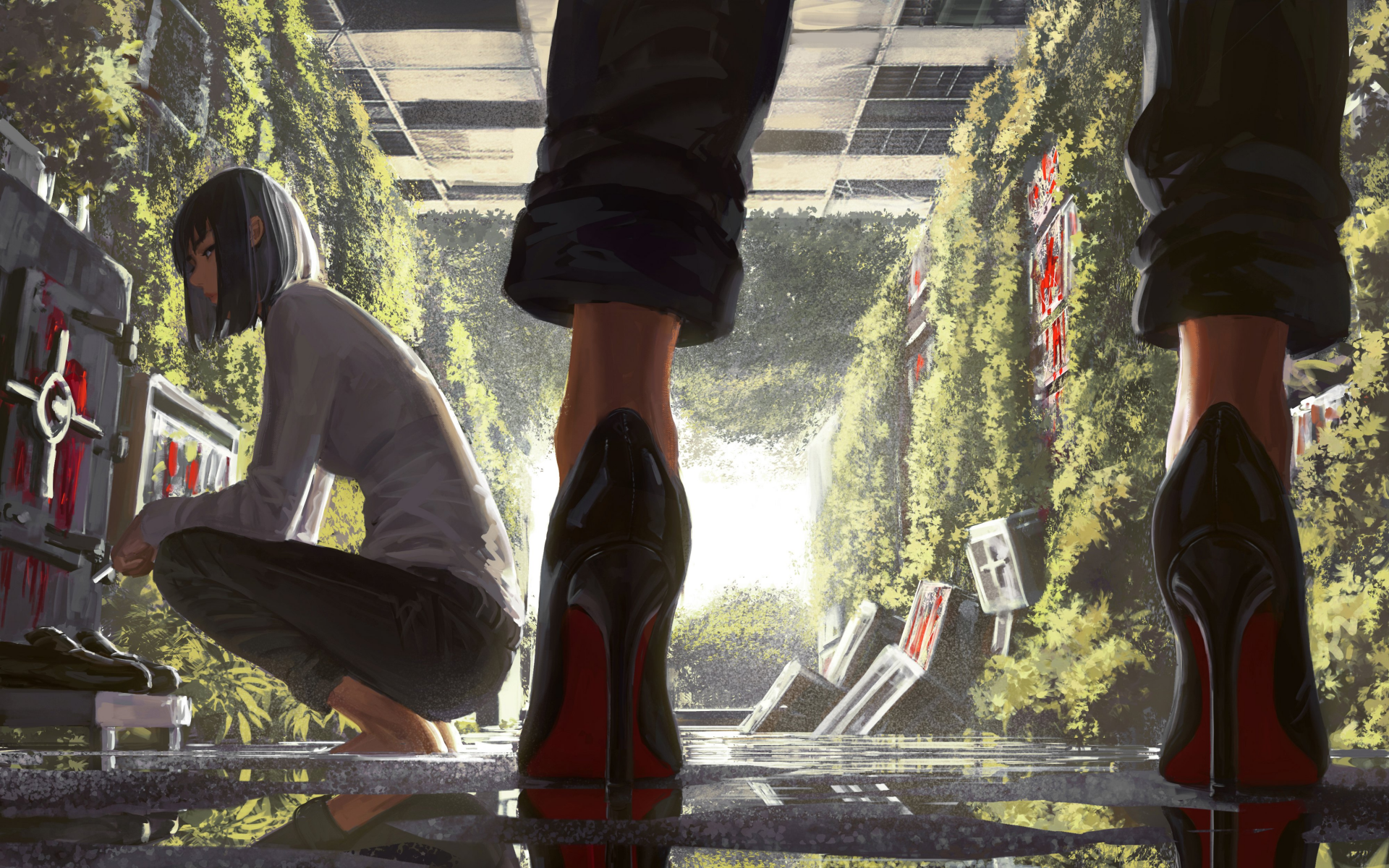 An HD desktop wallpaper featuring an anime girl with short dark hair, crouching and working on a control panel in a lush, green indoor setting, with someone in high heels standing nearby.