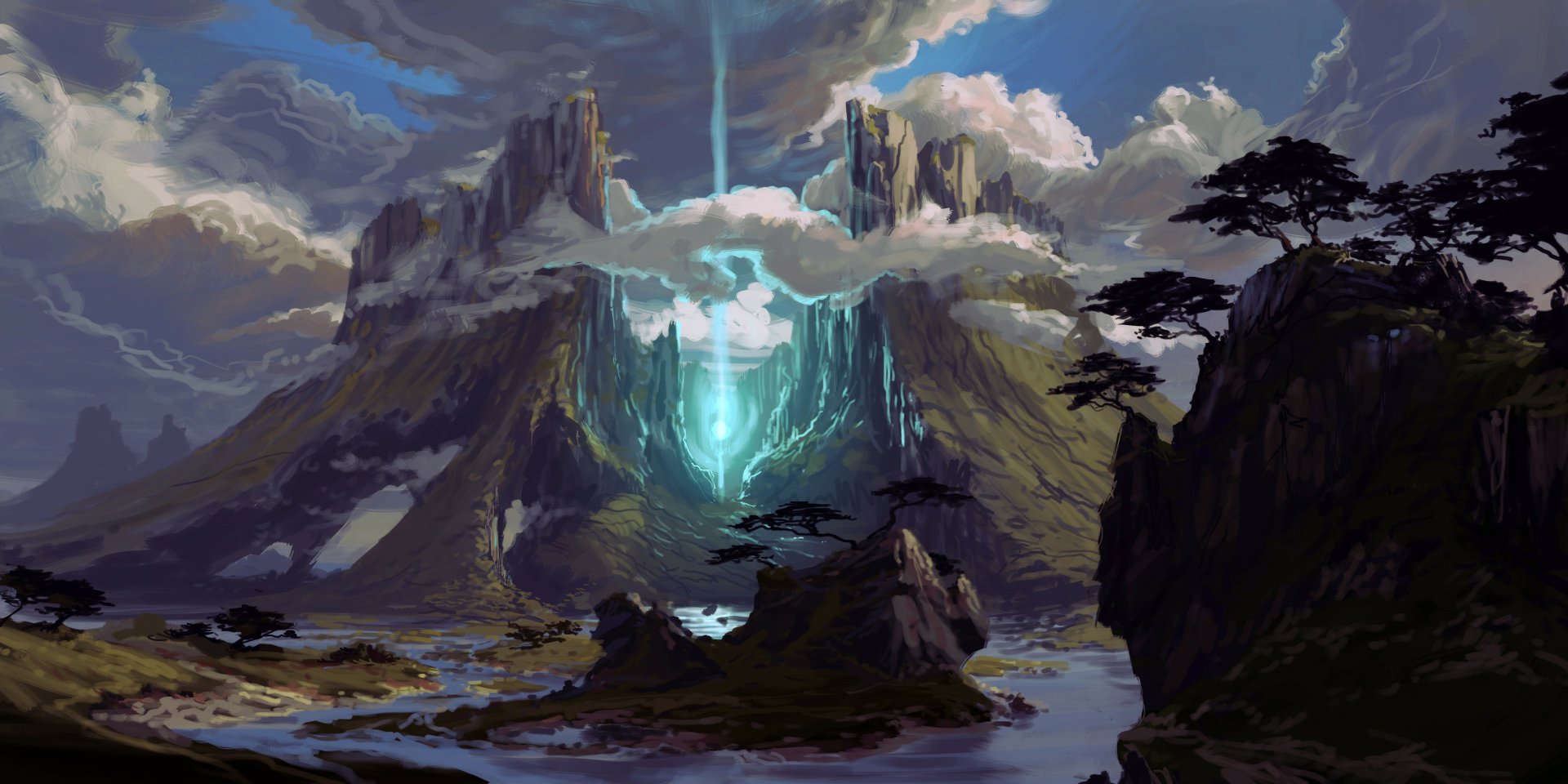 HD desktop wallpaper featuring a fantasy landscape with a river, mountains, trees, and a glowing magical aura among clouds, creating a mesmerizing and enchanting scene.