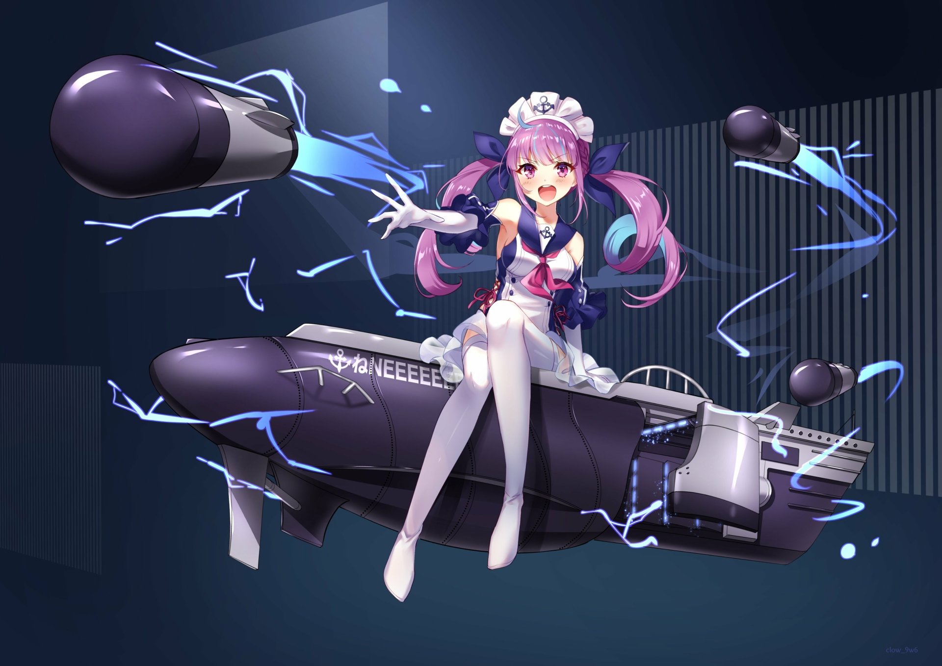 4K Ultra HD PC wallpaper featuring Minato Aqua from hololive in an Azur Lane crossover, showcasing dynamic anime-style art with vibrant electric effects.