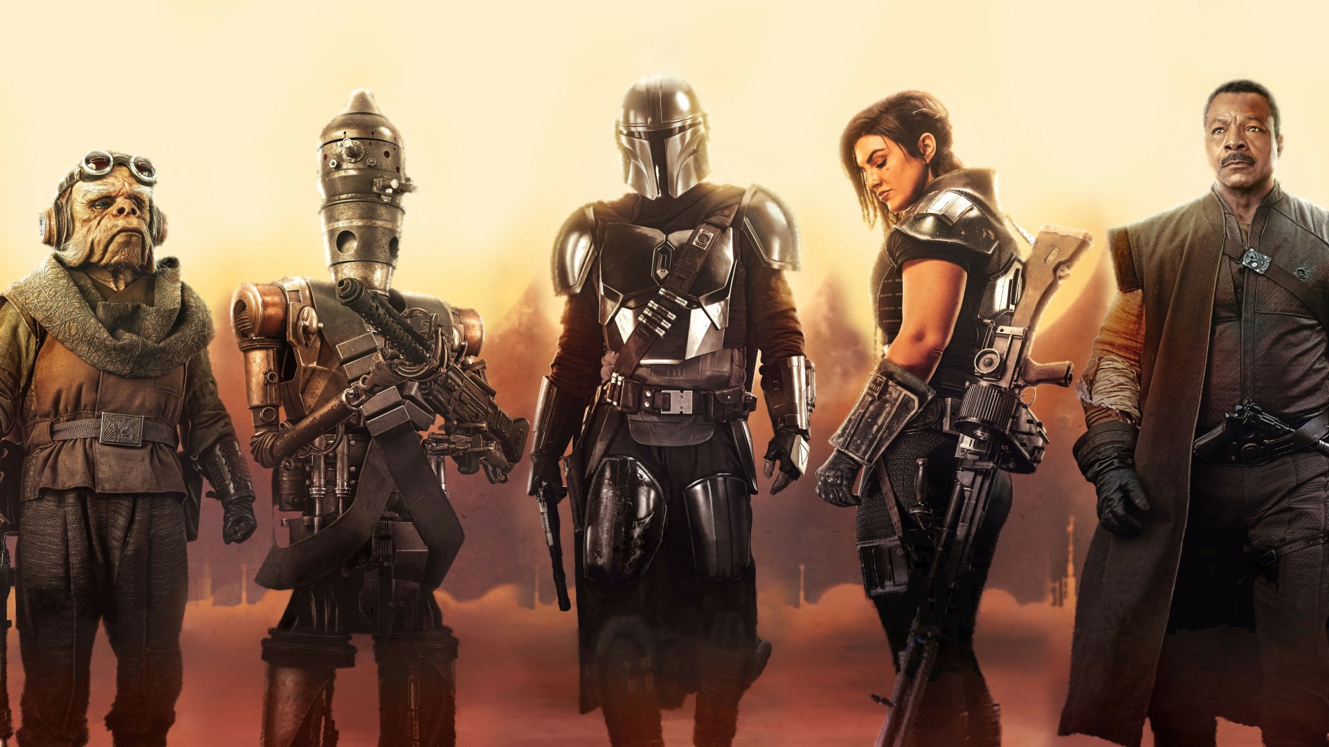 Main characters from The Mandalorian TV show, including Kuiil, IG-11, The Mandalorian, Cara Dune, and Greef Karga, standing together in a dramatic 8K Ultra HD wallpaper.