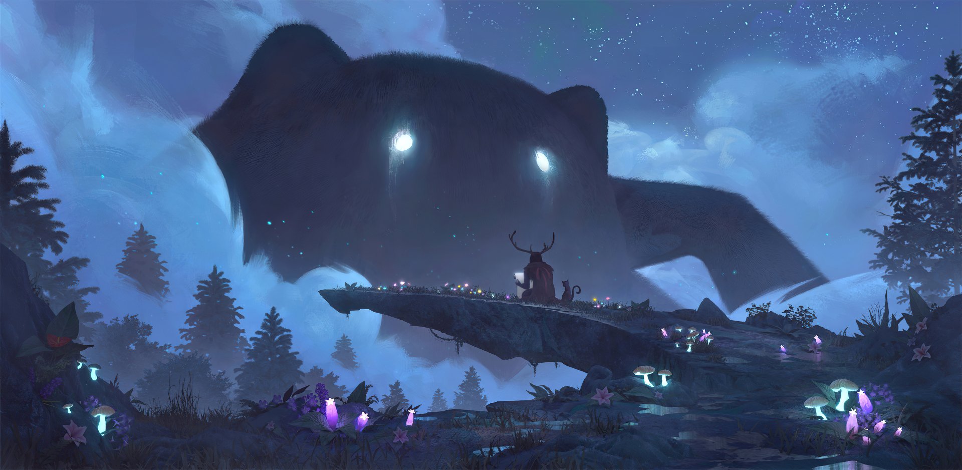 Night fantasy scene: lone stag on a cliff lit by glowing mushrooms as a colossal shadowy giant looms above — 2K Quad HD PC desktop wallpaper and background.