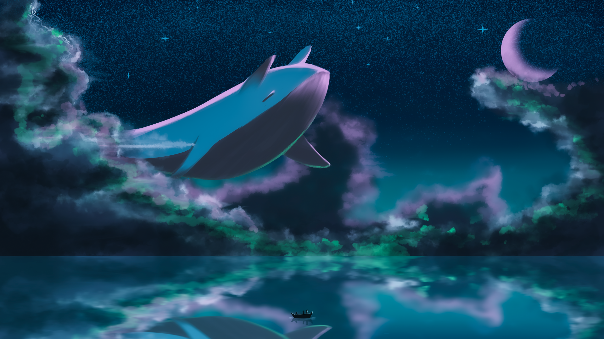 Download Boat Lake Moon Star Cloud Night Fantasy Whale 4k Ultra HD