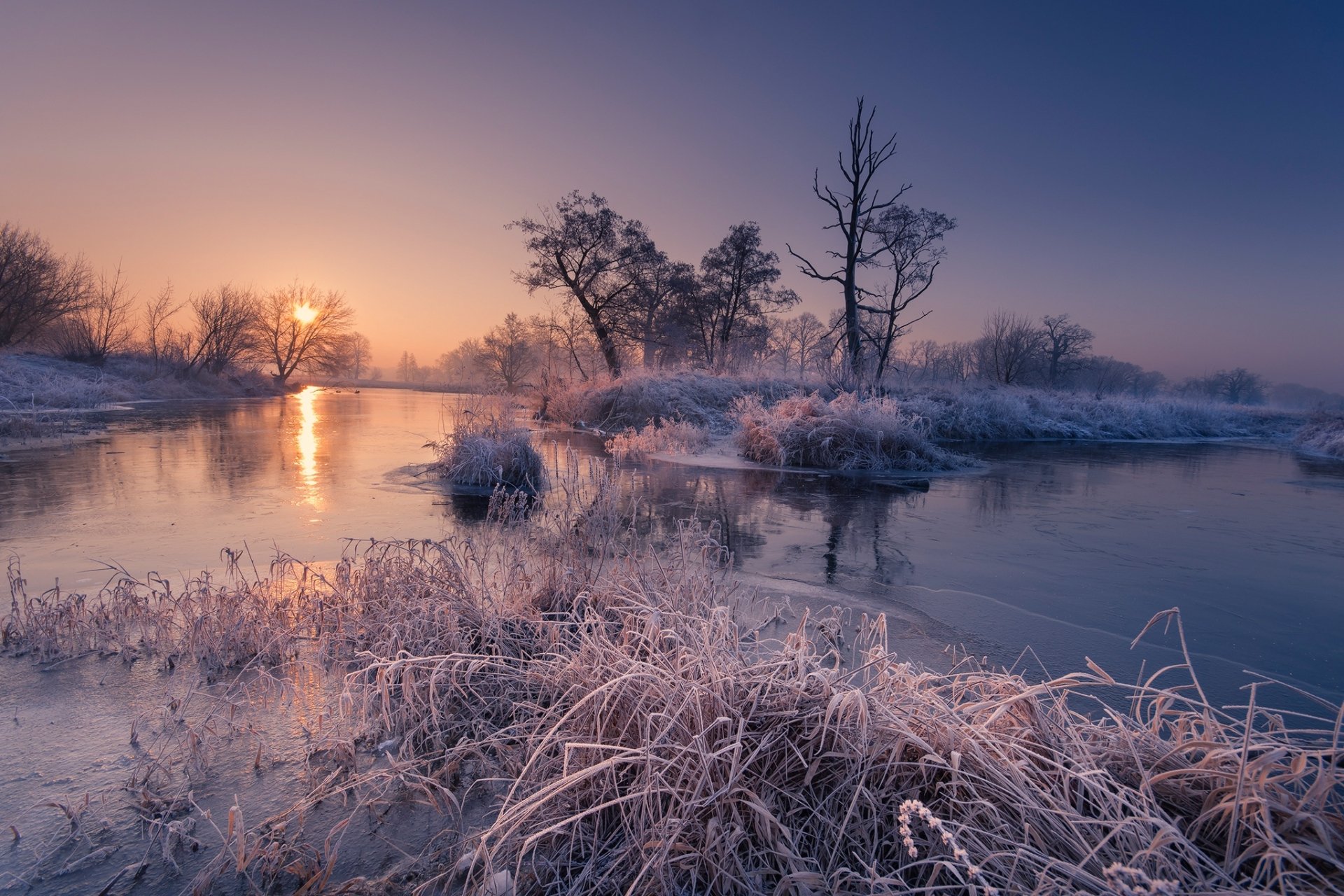 Download Morning Dawn Sunrise River Tree Frost Nature Winter HD ...