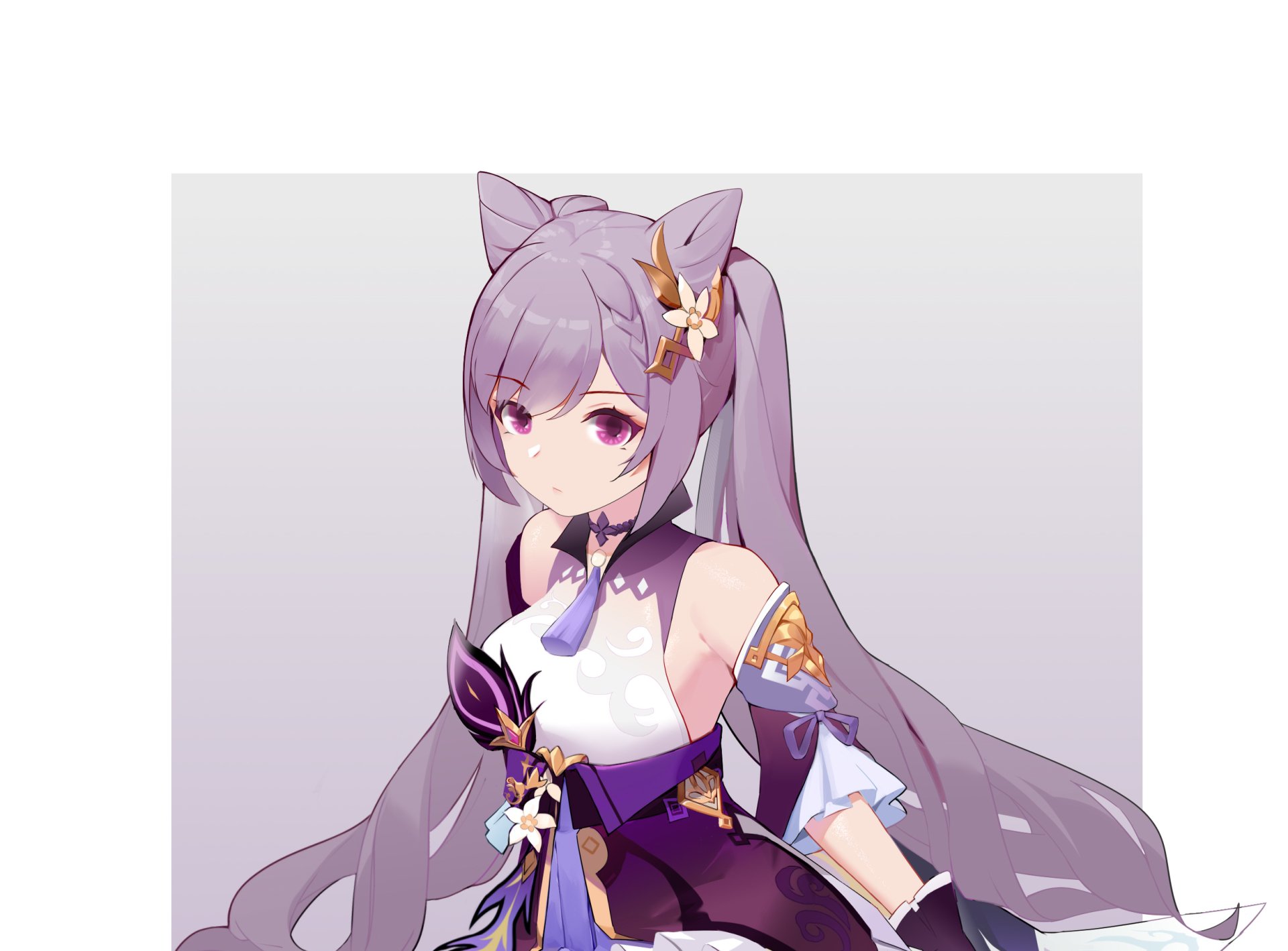 HD PC desktop wallpaper featuring Keqing from the video game Genshin Impact, showcasing her detailed purple-themed outfit and long hair.