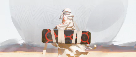 Anime original HD PC desktop wallpaper: a cloaked figure in a white helmet faces away on a sunlit plain, carrying a black board with red circular markings against a pale sky.