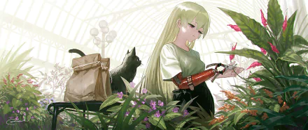 Original anime HD PC desktop wallpaper and background: long-haired girl with a prosthetic arm tending greenhouse plants, a black anime cat perched nearby.