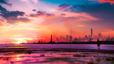 A vibrant 4K Ultra HD artistic cityscape at sunset, with colorful skies reflecting on wet ground and a silhouetted figure near the water's edge.