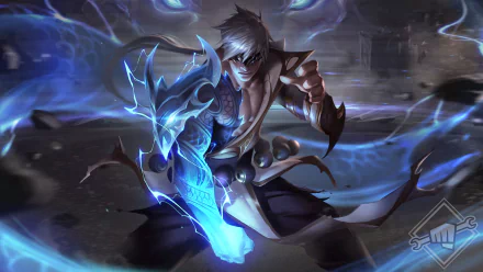 Lee Sin (League of Legends) — blindfolded martial artist channeling blue spectral energy in a dynamic strike, HD PC desktop wallpaper/background showcasing the video game champion.