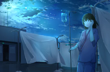 Anime original 2K Quad HD PC wallpaper: nighttime hospital infirmary with a lone nurse in scrubs holding an IV pole beneath a glowing, starry sky.