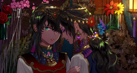 HD PC desktop wallpaper of two ornate anime girls with dark braided hair, floral headdresses and jeweled clothing; one stares with green eyes while the other leans in.
