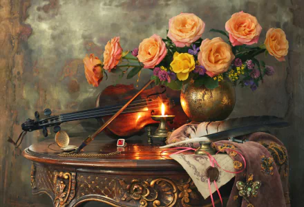 Artistic still-life HD PC desktop wallpaper and background: a violin, lit candle, and vase of roses on an ornate table with sheet music, bathed in warm glowing light.