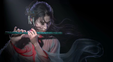 HD desktop wallpaper of an Asian woman in fantasy style playing a green flute, with flowing hair and misty smoke swirling around her.