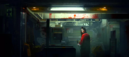 Anime original HD PC desktop wallpaper: lone woman in red coat stands in a dim, blood-splattered industrial corridor, cinematic lighting and a tense, moody atmosphere.