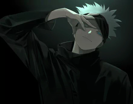 HD desktop wallpaper featuring Satoru Gojo from the anime Jujutsu Kaisen, with dark background and Gojo's piercing gaze highlighted.