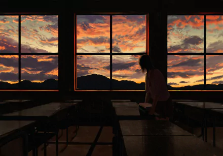 HD anime original desktop wallpaper showing a silhouette of a person sitting in a classroom, gazing out at a vibrant orange and purple sunset through large windows.