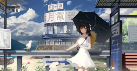 HD anime desktop wallpaper featuring a girl in a white dress holding a black umbrella by a seaside bus stop with a dog and seagull under a partly cloudy sky.