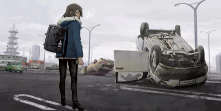 HD anime desktop wallpaper featuring an original character standing in a desolate area with overturned cars in the background. The scene conveys a sense of isolation and post-apocalyptic surroundings.