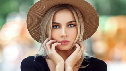 depth of field hat blonde face blue eyes woman model HD Desktop Wallpaper | Background Image