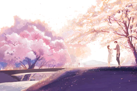 Anime couple standing beneath blooming cherry blossom trees in a serene, pastel-colored setting, captured in a 4K Ultra HD PC desktop wallpaper.