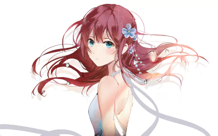 Anime girl with flowing red hair and blue eyes, adorned with a flower, set against a clean white background, serving as a high-definition desktop wallpaper.