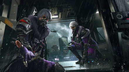4K Ultra HD Garena Free Fire PC desktop wallpaper featuring two armored characters in a futuristic, rain-soaked urban environment, ready for action.