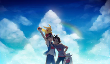 Anime-style HD desktop wallpaper featuring Ash Ketchum and Goh with black hair and brown and blue eyes, holding a Pokéball, alongside Pikachu and Raboot under a vibrant sky with a rainbow.
