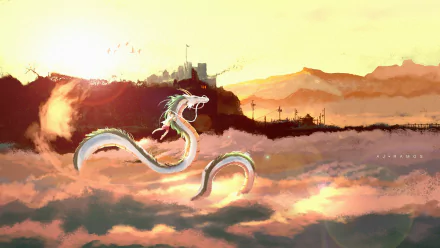 HD anime desktop wallpaper featuring a Chinese dragon soaring through clouds with Chihiro from Spirited Away, set against a warm, glowing sunset landscape.
