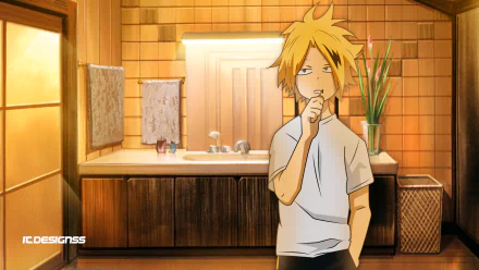HD PC desktop wallpaper of Denki Kaminari (My Hero Academia) — anime-style, warm-toned bathroom background; he stands pensively with a hand to his mouth.