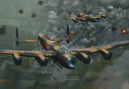 HD desktop wallpaper showcasing two Avro Lancaster military bombers flying over a battlefield with explosions and smoke in the background.