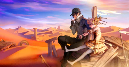Anime couple sitting together in a colorful desert landscape, captured in a vibrant HD PC desktop wallpaper and background.