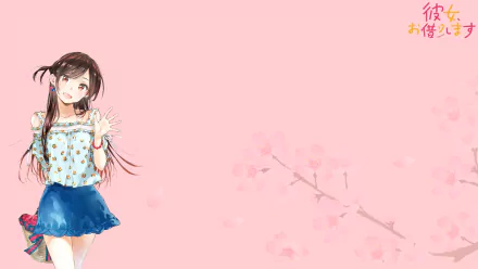 HD anime desktop wallpaper featuring Chizuru Ichinose from Kanojo Okarishimasu (Rent-A-Girlfriend) against a soft pink background with subtle cherry blossom accents.