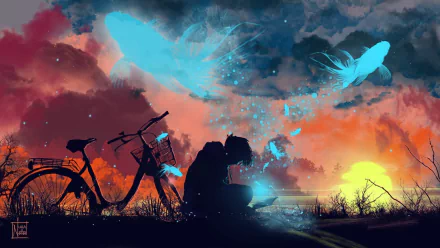 An anime boy sitting near a bicycle against a vibrant sunset sky, with ethereal blue butterflies surrounding them. The scene is depicted as a high-definition desktop wallpaper and background.