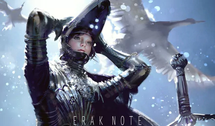 HD fantasy PC desktop wallpaper of a woman warrior in gleaming armor raising her helmet, with a large bird soaring in the background.