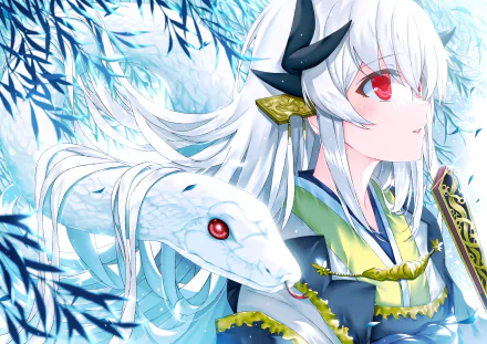 Kiyohime from Fate/Grand Order with white hair and red eyes, accompanied by a white snake, depicted in a detailed anime 4K Ultra HD desktop wallpaper background.