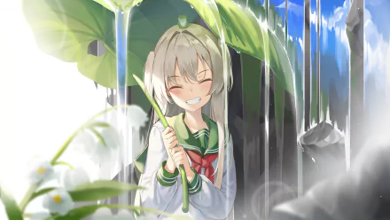 Anime girl with blonde hair in a school uniform holds a leaf umbrella, smiling amidst a serene waterfall scene, captured in vibrant 4K Ultra HD quality.