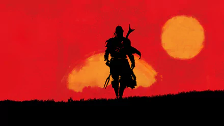 HD PC desktop wallpaper featuring a silhouette blending Red Dead Redemption's Western style with The Mandalorian from Star Wars against a red sunset background.