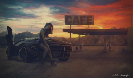 sunset gas station Lamborghini woman Girls & Cars HD Desktop Wallpaper | Background Image