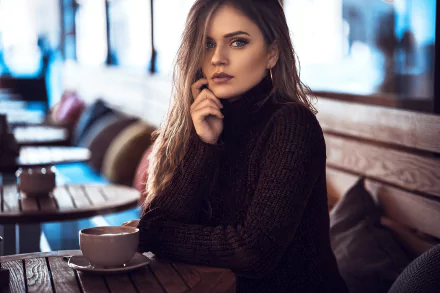 sweater mug makeup hand face Dajana Kllogjri woman model HD Desktop Wallpaper | Background Image